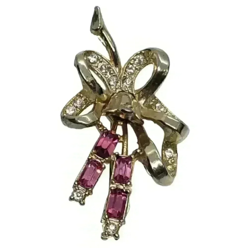 Vintage Brooch Bow With Hanging Tulip 10k Gold Plate Pink & White Rhinestone